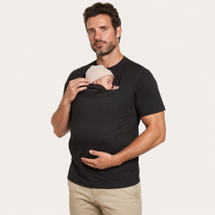 The Close Tee in Black, worn with a baby in the kangaroo pouch