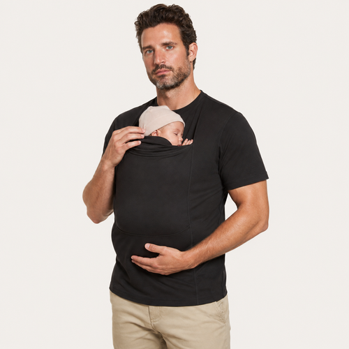 The Close Tee in Black, worn with a baby in the kangaroo pouch