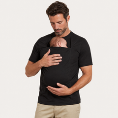 The Close Tee in Black, worn with a baby in the kangaroo pouch
