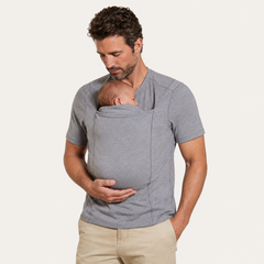 The Close Tee in Charcoal, worn with a baby in the kangaroo pouch