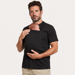 The Close Tee in Black, worn with a baby in the kangaroo pouch