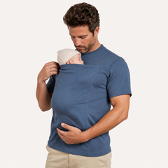 The Close Tee in Blue, worn with a baby in the kangaroo pouch