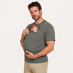 The Close Tee in Olive, worn with a baby in the kangaroo pouch