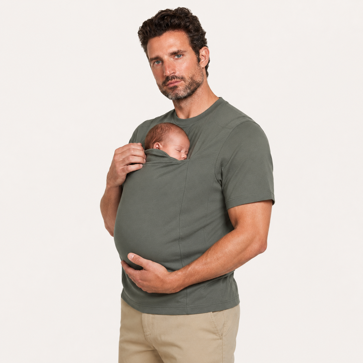 The Close Tee in Olive, worn with a baby in the kangaroo pouch