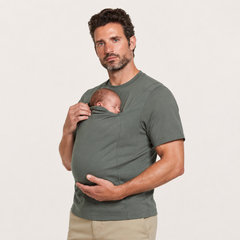 The Close Tee in Olive, worn with a baby in the kangaroo pouch