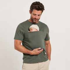 The Close Tee in Olive, worn with a baby in the kangaroo pouch